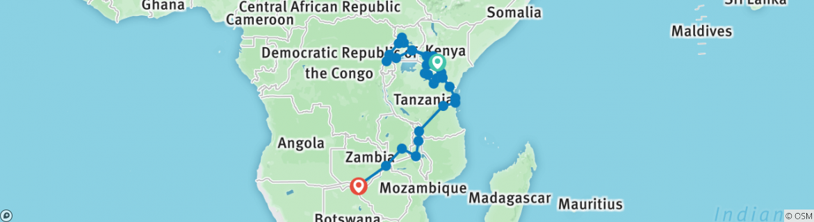 Image of a map showing the route of the tour