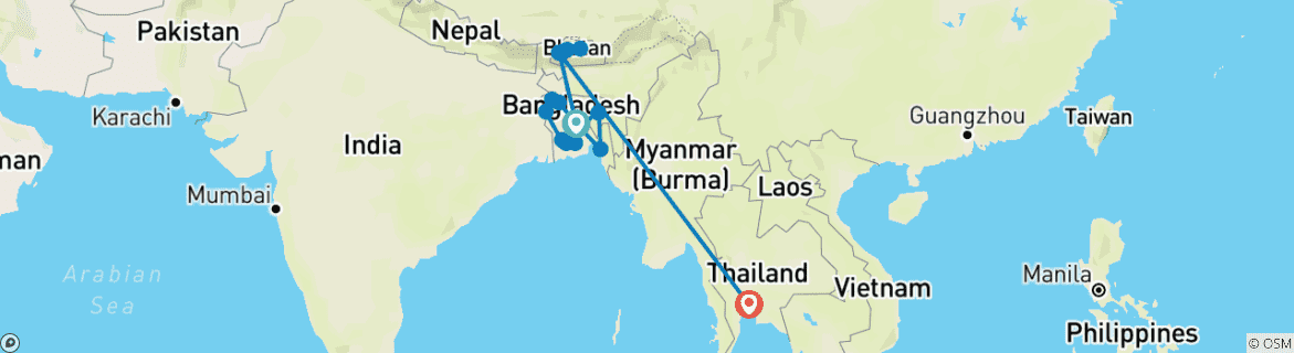 Image of a map showing the route of the tour