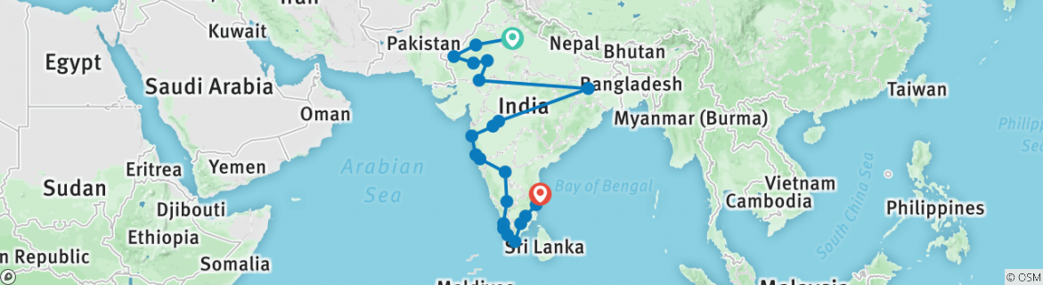 Image of a map showing the route of the tour
