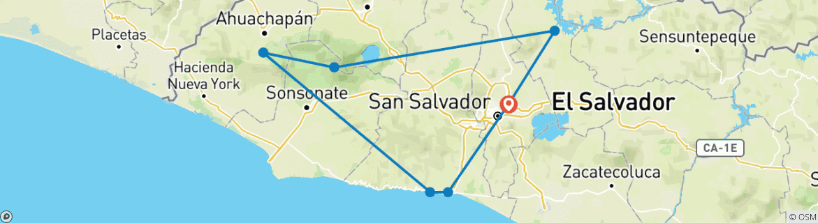 Image of a map showing the route of the tour