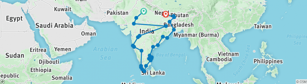 Image of a map showing the route of the tour