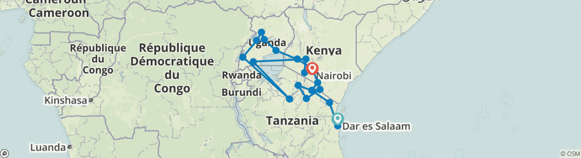 Image of a map showing the route of the tour