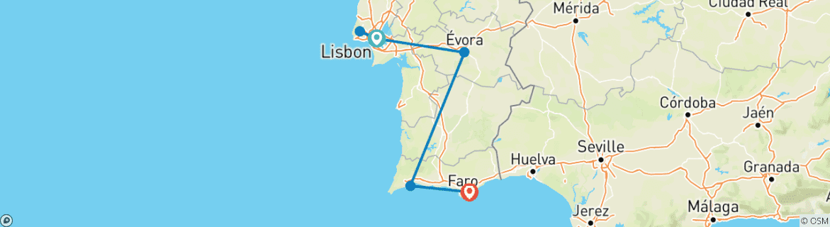 Image of a map showing the route of the tour