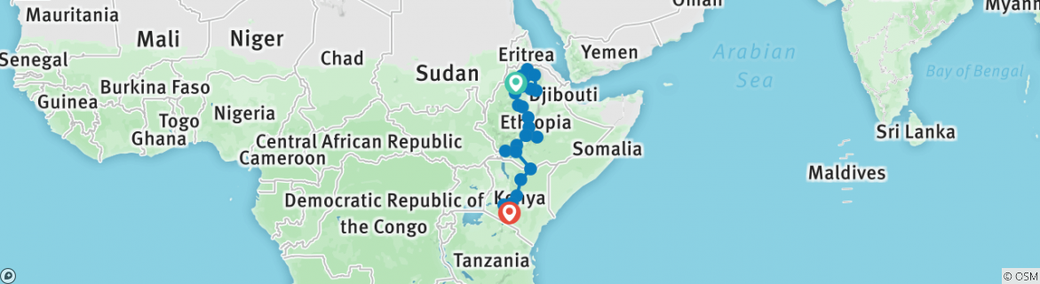 Image of a map showing the route of the tour