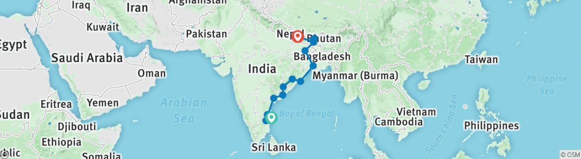 Image of a map showing the route of the tour