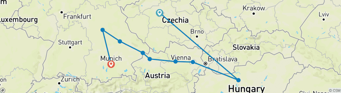Image of a map showing the route of the tour