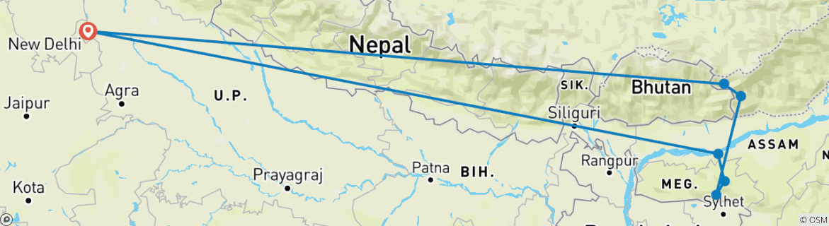 Image of a map showing the route of the tour