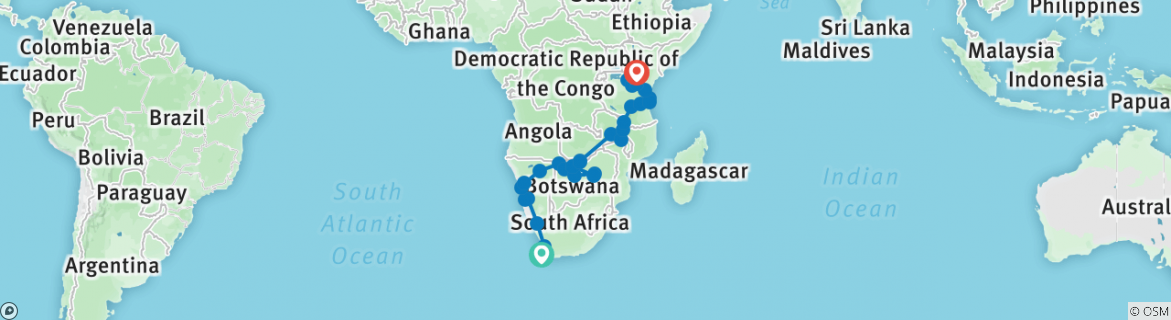 Image of a map showing the route of the tour