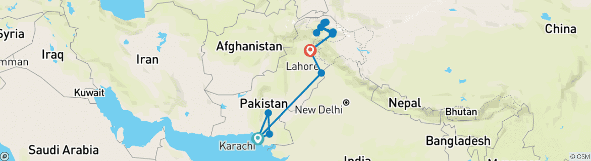 Image of a map showing the route of the tour