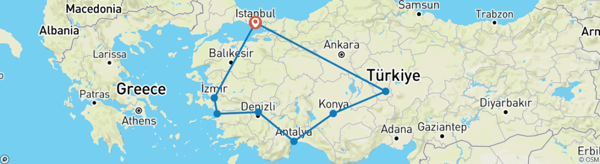 Image of a map showing the route of the tour