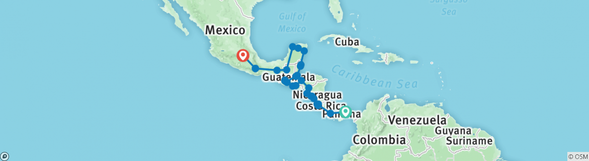 Image of a map showing the route of the tour