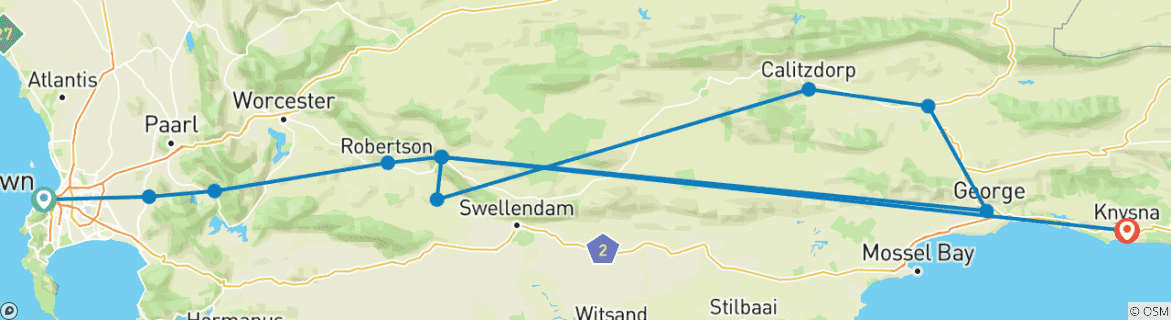 Image of a map showing the route of the tour