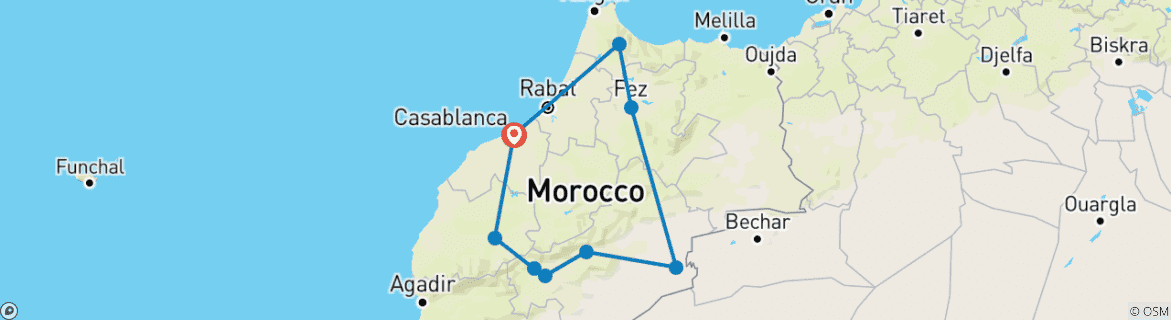 Image of a map showing the route of the tour