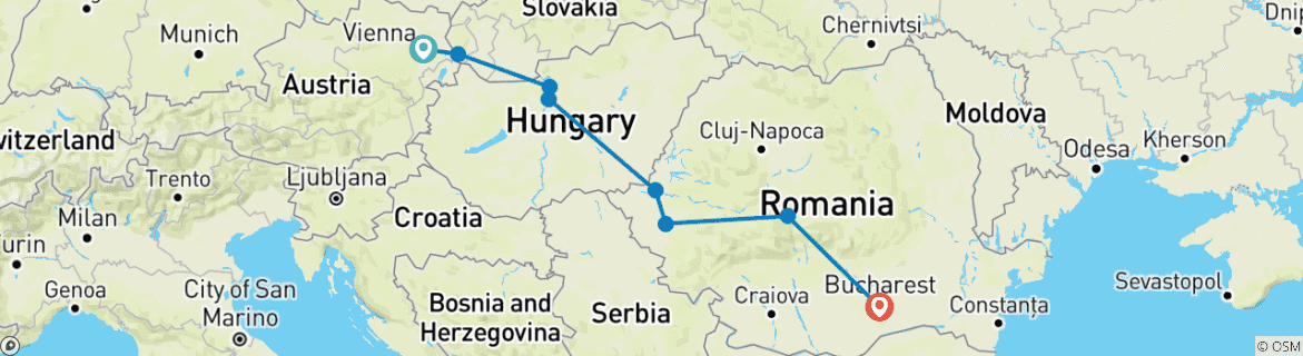 Map of Voyage de 7 jours à la découverte de l'Europe centrale et orientale - de Vienne à Bucarest - Circuit en petit groupe