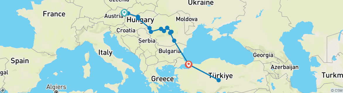 Image of a map showing the route of the tour