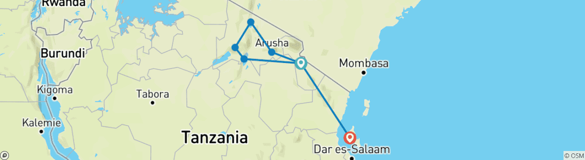 Image of a map showing the route of the tour