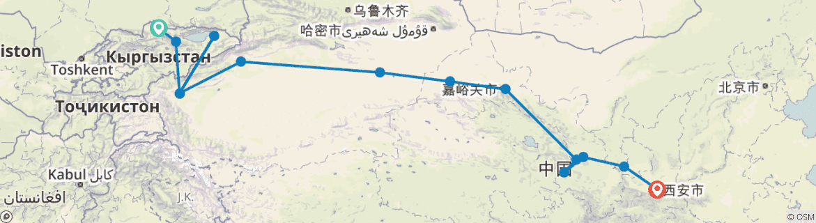 Image of a map showing the route of the tour
