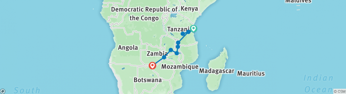 Image of a map showing the route of the tour
