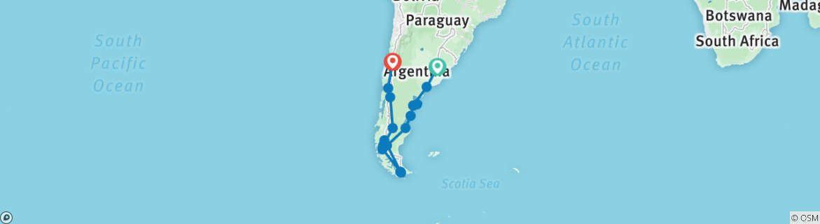 Image of a map showing the route of the tour