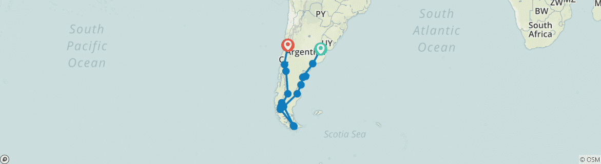 Image of a map showing the route of the tour