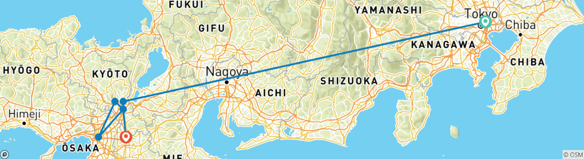 Image of a map showing the route of the tour