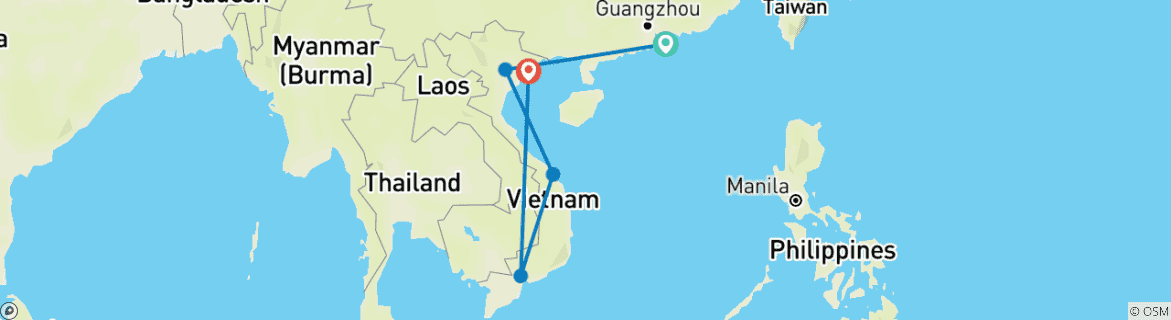Image of a map showing the route of the tour
