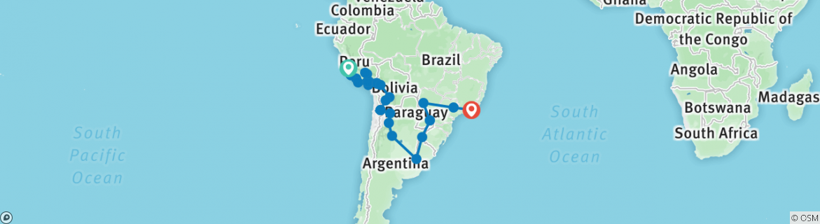 Image of a map showing the route of the tour