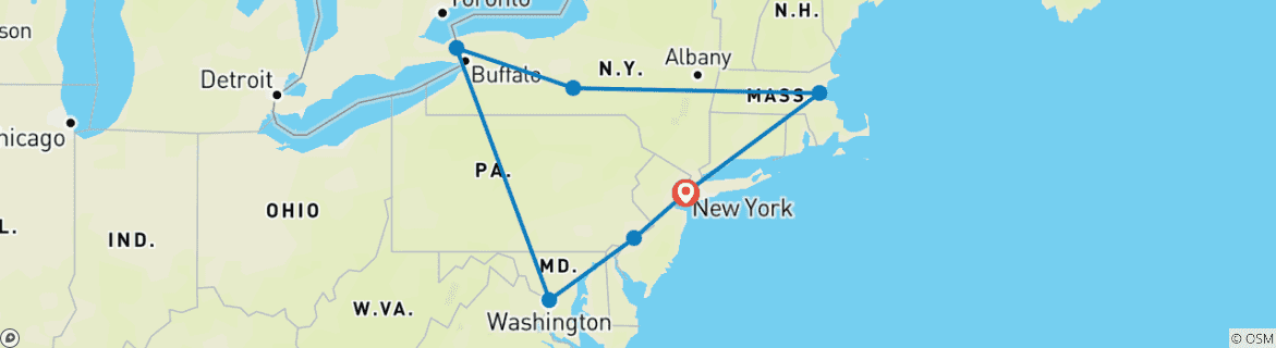 Image of a map showing the route of the tour