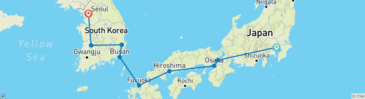 Image of a map showing the route of the tour