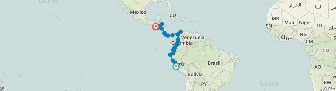 Image of a map showing the route of the tour