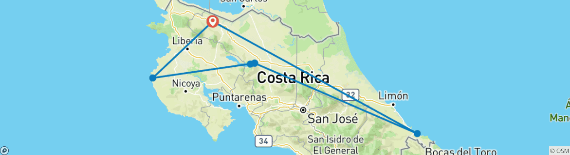 Image of a map showing the route of the tour