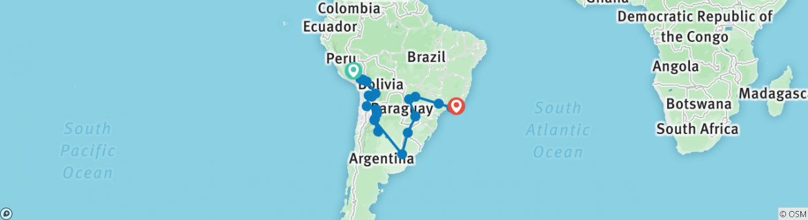Image of a map showing the route of the tour