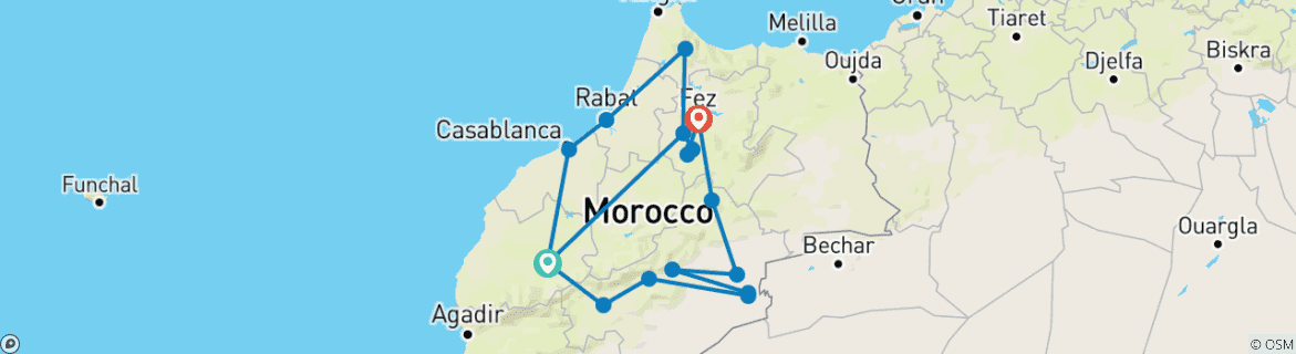 Image of a map showing the route of the tour