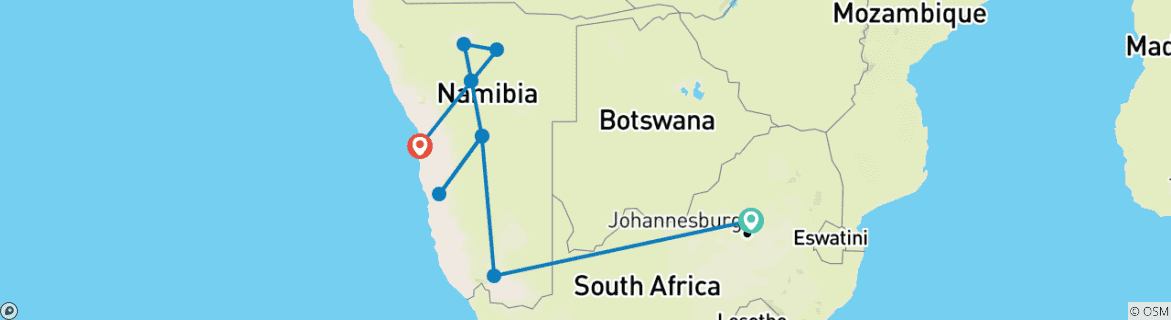 Image of a map showing the route of the tour