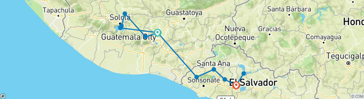 Mapa de 8 Días de Vacaciones Privadas en Guatemala y El Salvador, Salida Diaria y Coche Exclusivo
