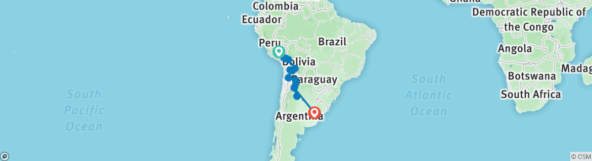 Image of a map showing the route of the tour