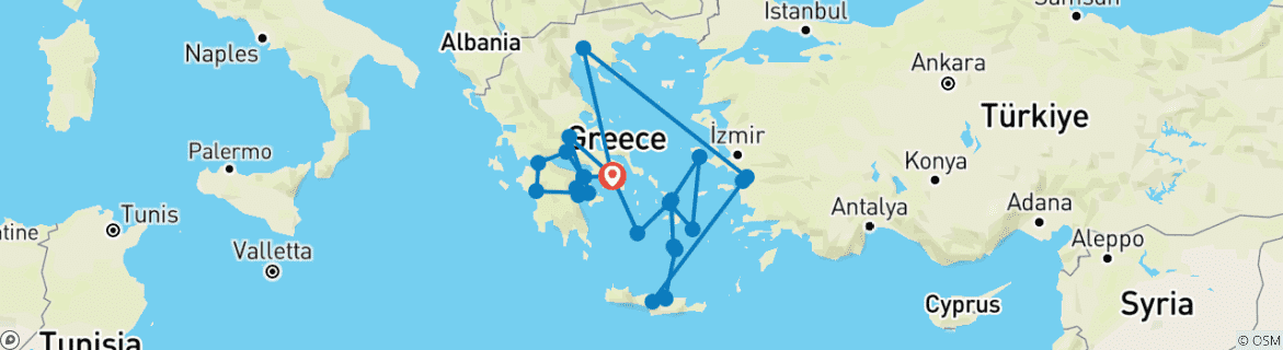 Image of a map showing the route of the tour