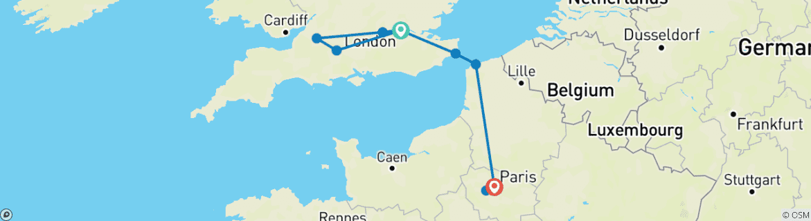 Image of a map showing the route of the tour