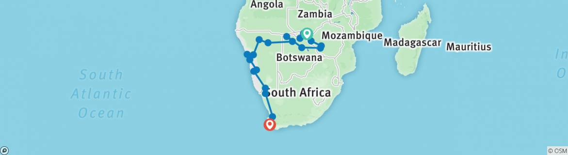 Image of a map showing the route of the tour