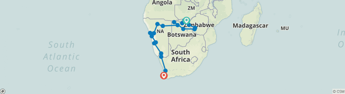 Image of a map showing the route of the tour