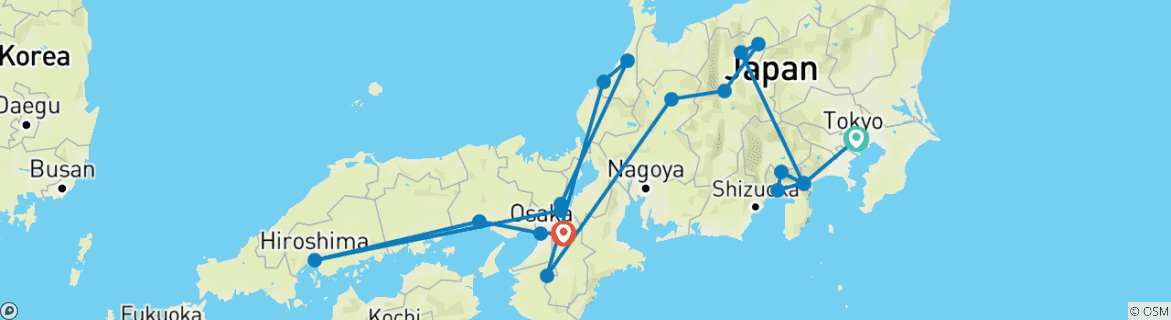 Image of a map showing the route of the tour