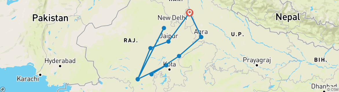 Image of a map showing the route of the tour