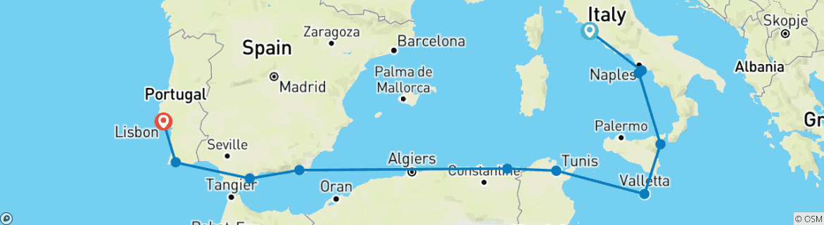 Image of a map showing the route of the tour