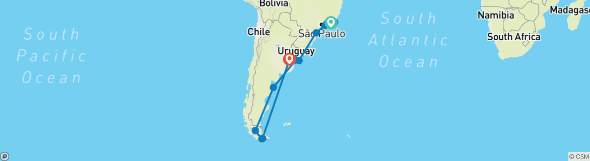 Image of a map showing the route of the tour