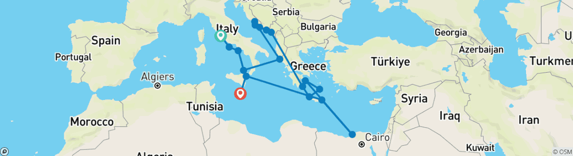 Image of a map showing the route of the tour