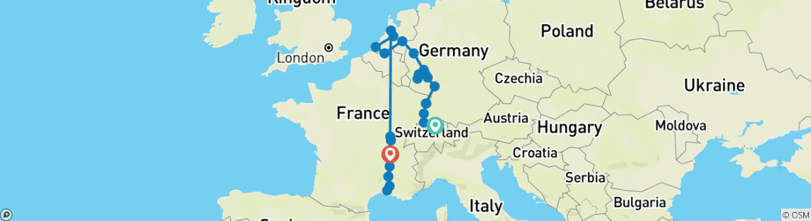 Image of a map showing the route of the tour