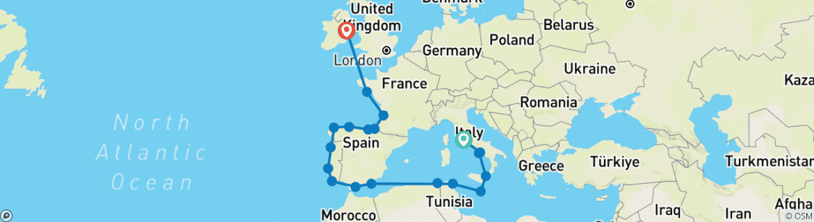 Image of a map showing the route of the tour