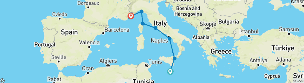 Image of a map showing the route of the tour