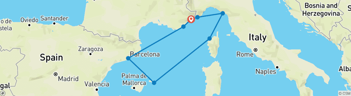 Image of a map showing the route of the tour