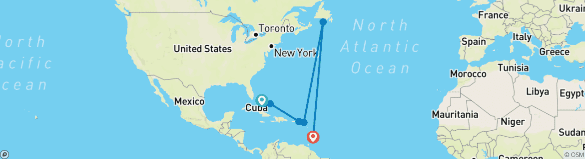 Image of a map showing the route of the tour